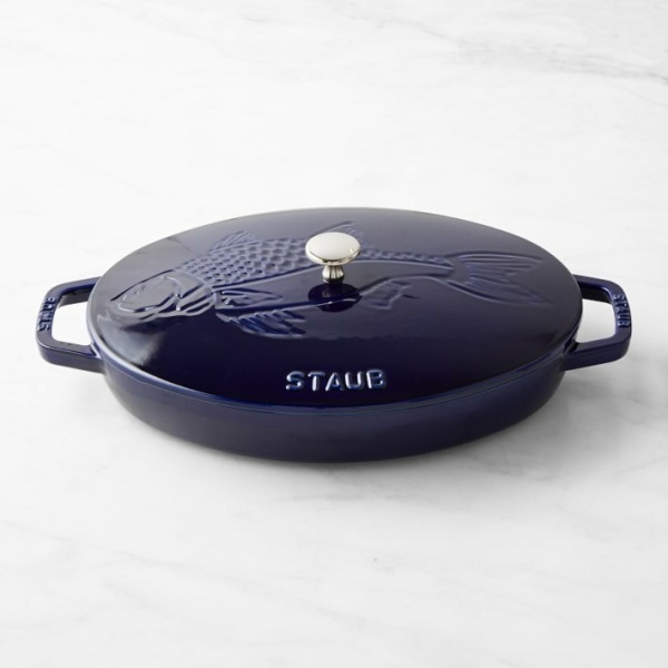 Staub Enameled Cast Iron Oval Gratin with Sea Bass Embossed Lid 1