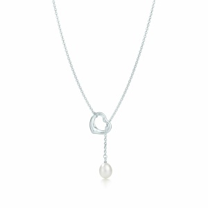 TIFFANY Open Heart Lariat Necklace in Silver with Pearls