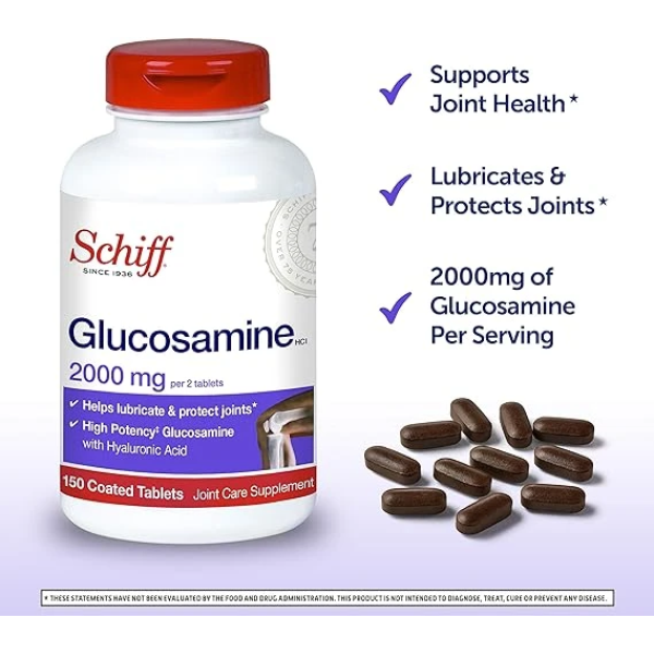 Schiff Glucosamine 2000mg (per serving) + Hyaluronic Acid Tablets (150 count in a bottle) 關節保健食品 2