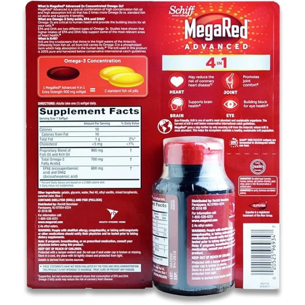 Schiff MegaRed Advanced 4 in 1 Heart Joints Brain Eye 60 Softgels 900mg Extra Strength 四合一保健食品 2